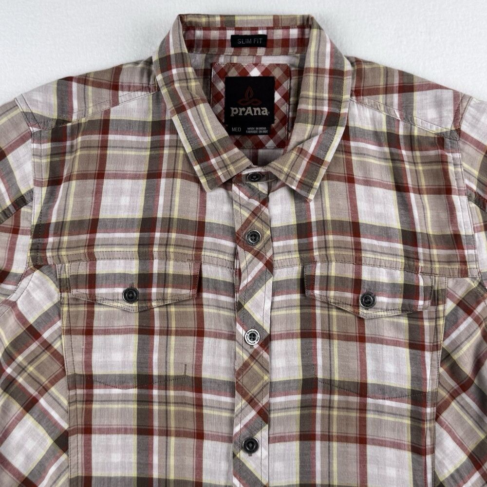 prAna Men's Slim Fit Brown Plaid Organic Cotton Short Sleeve Shirt Medium